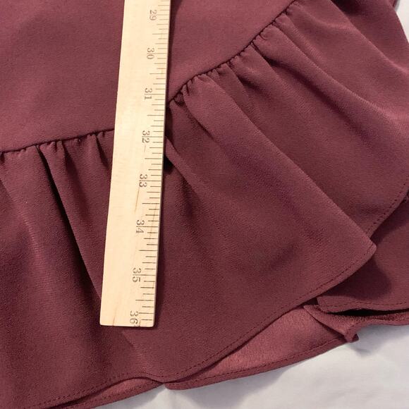 Drew Mai Drape Sleeve & Ruffle Mini Dress Medium Women Burgundy Wine Tie Wrap - Picture 10 of 16
